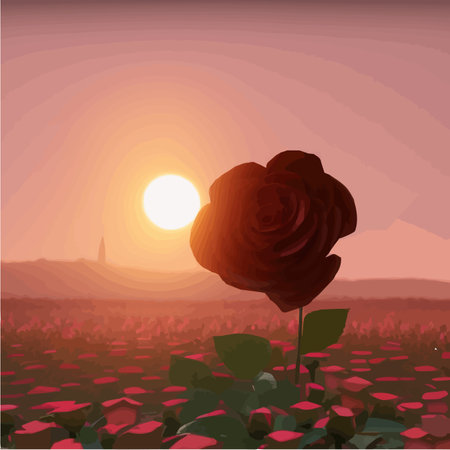 Dark fabulous field red roses and mysterious nature against background bright moon, fantasy picture for use, vector illustrationのイラスト素材