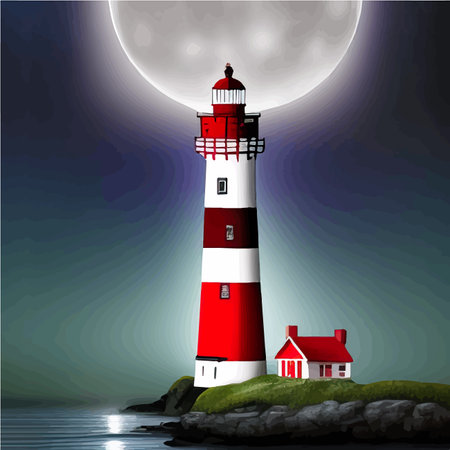 Lighthouse at night. Sea lighthouse with moon on rocky coast. Cartoon Navigation White with Red Tower on Shore Coast, Starry Sky and Ocean Landscape Vector. Vector illustration, sea harborのイラスト素材
