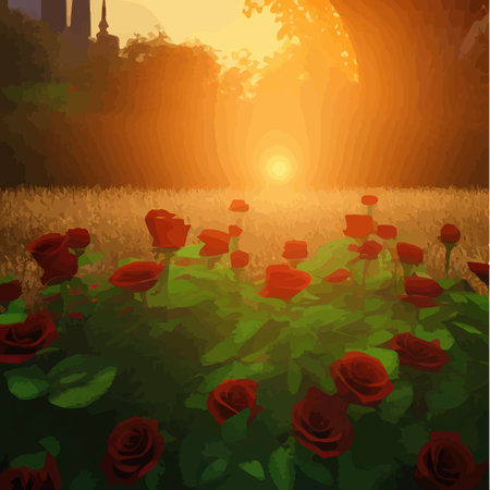 Dark fabulous field red roses and mysterious nature against background bright moon, fantasy picture for use, vector illustrationのイラスト素材