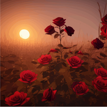 Dark fabulous field red roses and mysterious nature against background bright moon, fantasy picture for use, vector illustrationのイラスト素材