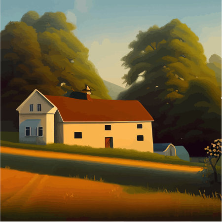 Nature spring landscape village, country house, green field with cloud, blue sky, vector skyline natural countryside with forest trees, on a sunny day, cartoon vector for spring, summer illustrationのイラスト素材