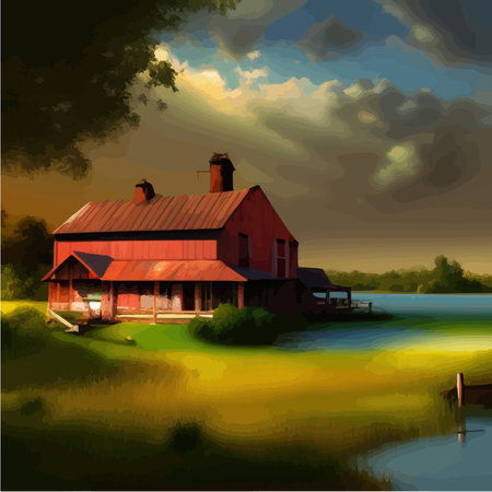 Summer rural scene with green agriculture fields, farmhouse and lake. Vector cartoon illustration of countryside panorama, agricultural landscape with lake and grassのイラスト素材