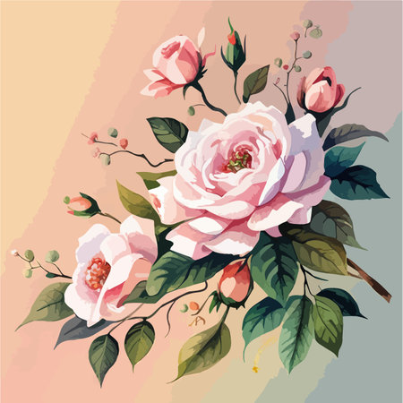 Watercolor floral bouquet blush pink roses flower green leaf leaves branches bouquets collection. Wedding stationary, greetings, wallpapers fashion background. Vector illustration on color backgroundのイラスト素材