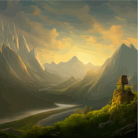 Landscape with blue misty mountains, beautiful forest and river against backdrop of sunrise. Wildlife vector illustration for posters and wallpapers, mysterious morning natureのイラスト素材