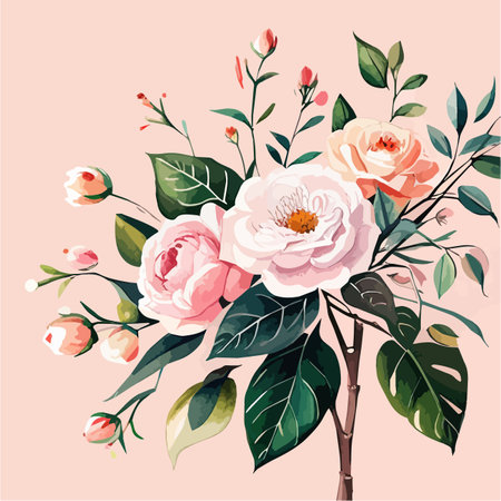 Watercolor floral bouquet blush pink roses flower green leaf leaves branches bouquets collection. Wedding stationary, greetings, wallpapers fashion background. Vector illustration on color backgroundのイラスト素材