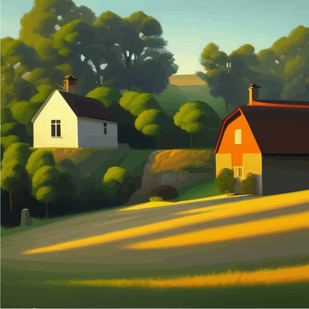 Nature spring landscape village, country house, green field with cloud, blue sky, vector skyline natural countryside with forest trees, on a sunny day, cartoon vector for spring, summer illustrationのイラスト素材