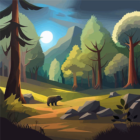 Grizzly Bear standing by river Vibrant Art for postcard or poster in Alaska forest wild scenery with mountains in the background. Vector illustration of wildlifeのイラスト素材