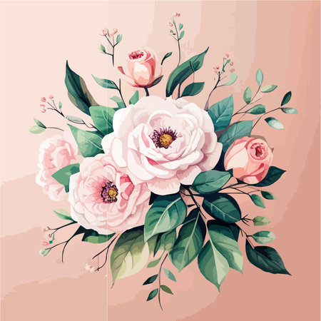 Watercolor floral bouquet blush pink roses flower green leaf leaves branches bouquets collection. Wedding stationary, greetings, wallpapers fashion background. Vector illustration on color backgroundのイラスト素材