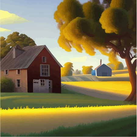 Wooden farmhouse with agricultural fields and garden. Vector cartoon Summer countryside landscape with green hills, trees cottage, vector illustrationのイラスト素材