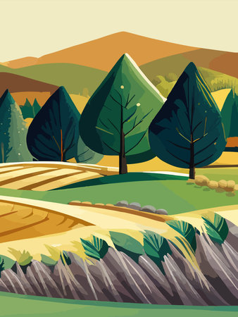 Agriculture, nature and farming. Harvest, field, trees and blank vertical poster vector illustration. Farms for poster, background or cover and print. Summer landscapeのイラスト素材