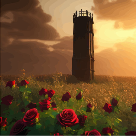 Dark fabulous field red roses and mysterious tower against background bright moon, fantasy picture for use, vector illustrationのイラスト素材
