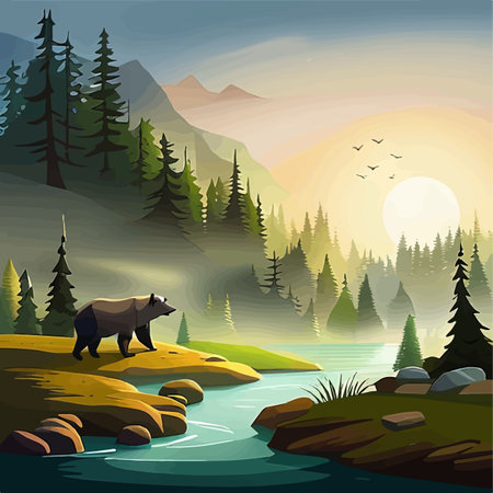 Grizzly Bear standing by river Vibrant Art for postcard or poster in Alaska forest wild scenery with mountains in the background. Vector illustration of wildlifeのイラスト素材