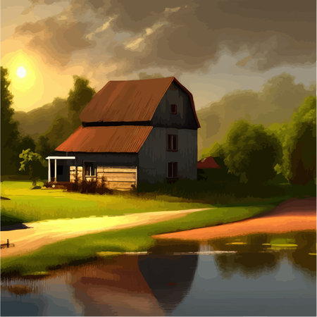 Summer rural scene with green agriculture fields, farmhouse and lake. Vector cartoon illustration of countryside panorama, agricultural landscape with lake and grassのイラスト素材