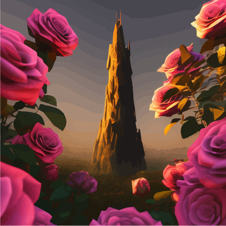 Dark fabulous field red roses and mysterious tower against background bright moon, fantasy picture for use, vector illustrationのイラスト素材