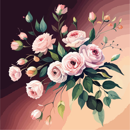 Watercolor floral bouquet blush pink roses flower green leaf leaves branches bouquets collection. Wedding stationary, greetings, wallpapers fashion background. Vector illustration on color backgroundのイラスト素材