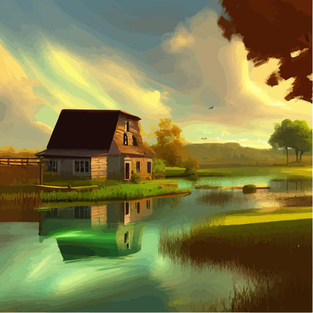 Summer rural scene with green agriculture fields, farmhouse and lake. Vector cartoon illustration of countryside panorama, agricultural landscape with lake and grassのイラスト素材