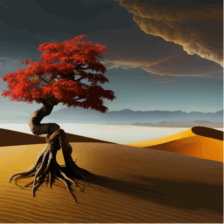 Landscape background. Autumn orange big crooked tree on the hill alonePlant Art design for print, cover, wallpaper, Minimal and natural, fantasy wildlife vector illustrationのイラスト素材
