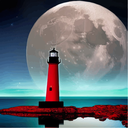 Lighthouse at night. Sea lighthouse with moon on rocky coast. Cartoon Navigation White with Red Tower on Shore Coast, Starry Sky and Ocean Landscape Vector. Vector illustration, sea harborのイラスト素材