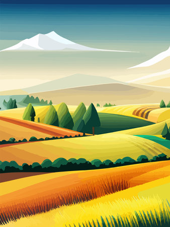 Agriculture, nature and farming. Harvest, field, trees and blank vertical poster vector illustration. Farms for poster, background or cover and print. Summer landscapeのイラスト素材