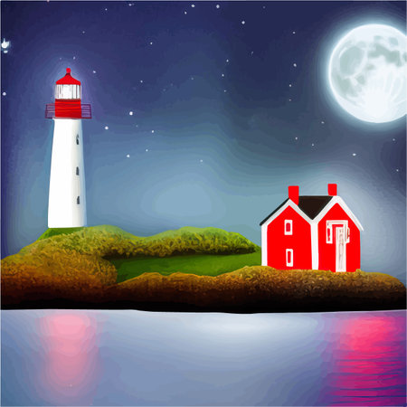 Lighthouse at night. Sea lighthouse with moon on rocky coast. Cartoon Navigation White with Red Tower on Shore Coast, Starry Sky and Ocean Landscape Vector. Vector illustration, sea harborのイラスト素材