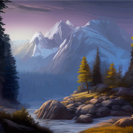 Landscape with blue misty mountains, beautiful forest and river against backdrop of sunrise. Wildlife vector illustration for posters and wallpapers, mysterious morning natureのイラスト素材