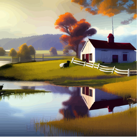 Summer rural scene with green agriculture fields, farmhouse and lake. Vector cartoon illustration of countryside panorama, agricultural landscape with lake and grassのイラスト素材