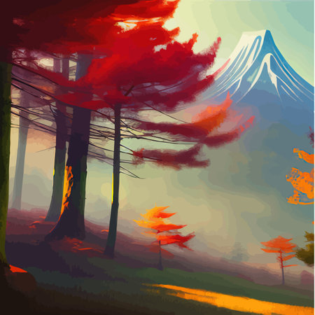 Colorful japanese landscape shrine through wooden torii. Forest Garden with bushes and maple tree against the background of the mountain. Summer season. Vector illustration.のイラスト素材