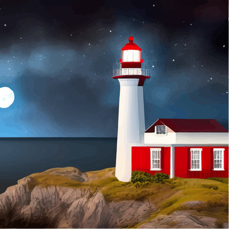 Lighthouse at night. Sea lighthouse with moon on rocky coast. Cartoon Navigation White with Red Tower on Shore Coast, Starry Sky and Ocean Landscape Vector. Vector illustration, sea harborのイラスト素材