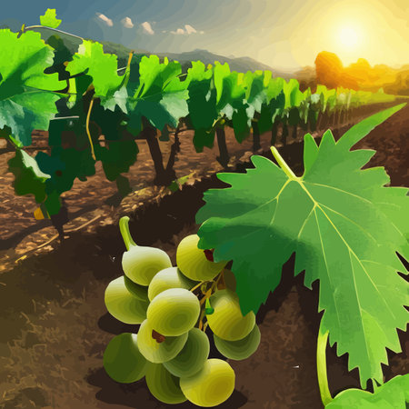 Rural landscape vineyards. Green vines on hills with trees and mountains in the background. Landscape with grape rows. Summer season. Vector illustration.のイラスト素材