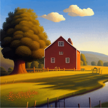 Nature spring landscape village, country house, green field with cloud, blue sky, vector skyline natural countryside with forest trees, on a sunny day, cartoon vector for spring, summer illustrationのイラスト素材