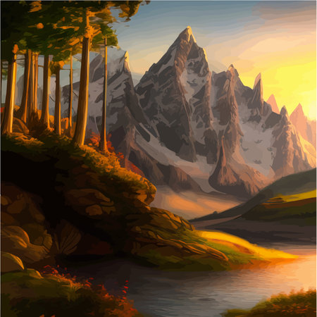 Incredible mountain landscape with forest and river. Vector illustration. Breathtaking wildlife view with sky and misty cloudsのイラスト素材
