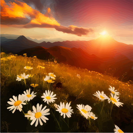 Flower field of daisies against the backdrop of mountains under a summer sunset sky with clouds. Realistic vector illustration. Nice background for your work.のイラスト素材
