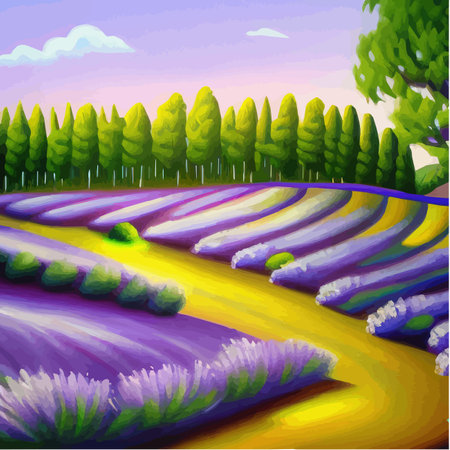 Lavender purple fields, green meadows and mountains. Farm panoramic view landscapes. Beautiful rural summer landscape with wild flowers. Ecological area with blue sky and clouds vector illustrationのイラスト素材
