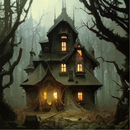 Night moonlight fantasy house in dark spooky dark forest in fog fantasy scene, halloween, forgotten realms, vector illustrationのイラスト素材