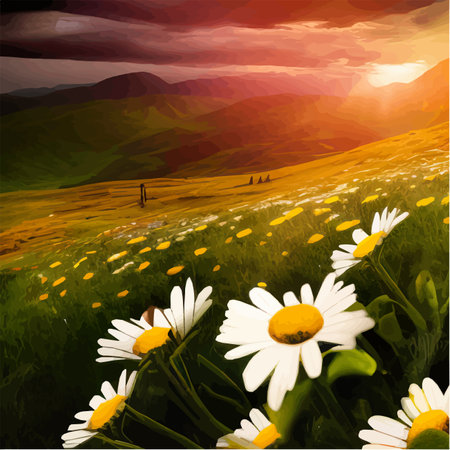 Flower field of daisies against the backdrop of mountains under a summer sunset sky with clouds. Realistic vector illustration. Nice background for your work.のイラスト素材