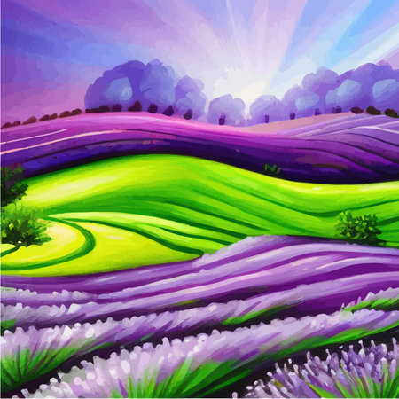 Lavender purple fields, green meadows and mountains. Farm panoramic view landscapes. Beautiful rural summer landscape with wild flowers. Ecological area with blue sky and clouds vector illustrationのイラスト素材