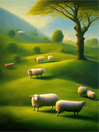 Sheep graze on green meadow. Count sheep. Farm animal landscape counting cartoon animals for sleep. Funny animals vector illustrationのイラスト素材