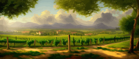 Vineyard Field on hills vector illustration. Artistic landscape with growing grapes. Vineyard farm color design for wine label.のイラスト素材