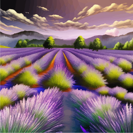 Lavender purple fields, green meadows and mountains. Farm panoramic view landscapes. Beautiful rural summer landscape with wild flowers. Ecological area with blue sky and clouds vector illustrationのイラスト素材