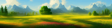 Summer mountain landscape. Vector illustration. Cartoon mountain natural simple landscape background with green grass scenic fields with wildflowers and mountains, blue sky with cloudsのイラスト素材