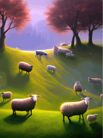 Sheep graze on green meadow. Count sheep. Farm animal landscape counting cartoon animals for sleep. Funny animals vector illustrationのイラスト素材