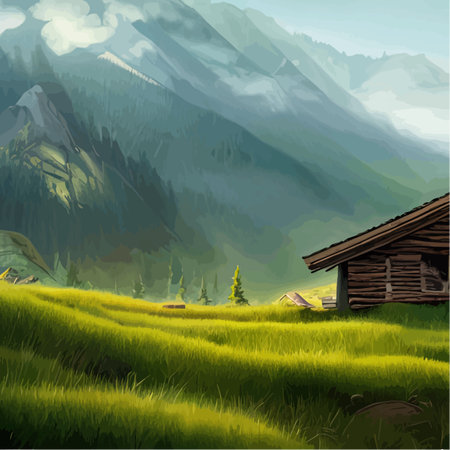 Wooden house on meadow against backdrop forests and mountains. Forester Shack. Summer landscape wooden village, cottage or farm with porch, green lawn, big trees and sunshine, vector illustrationのイラスト素材