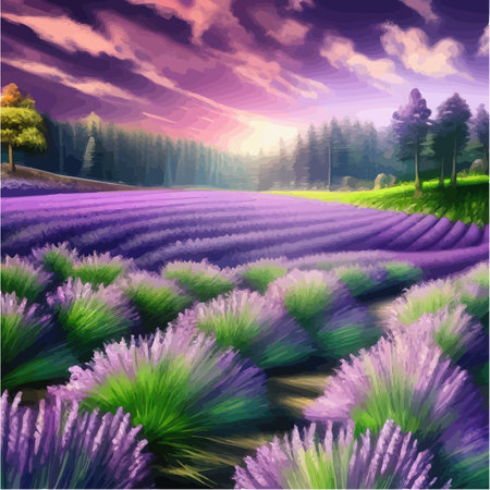 Lavender purple fields, green meadows and mountains. Farm panoramic view landscapes. Beautiful rural summer landscape with wild flowers. Ecological area with blue sky and clouds vector illustrationのイラスト素材