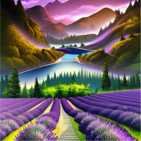 Lavender purple fields, green meadows and mountains. Farm panoramic view landscapes. Beautiful rural summer landscape with wild flowers. Ecological area with blue sky and clouds vector illustrationのイラスト素材