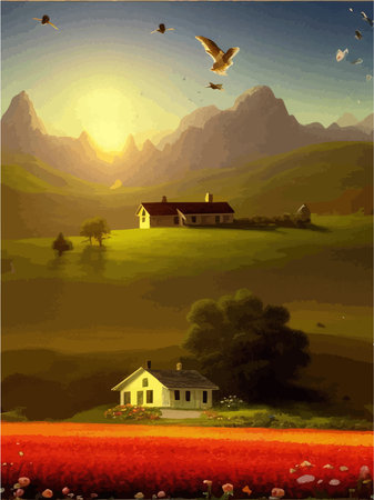 Natural landscape illustration, farm on background mountains, flowers plants, houses. Beautiful landscape of nature. Vector illustrationのイラスト素材