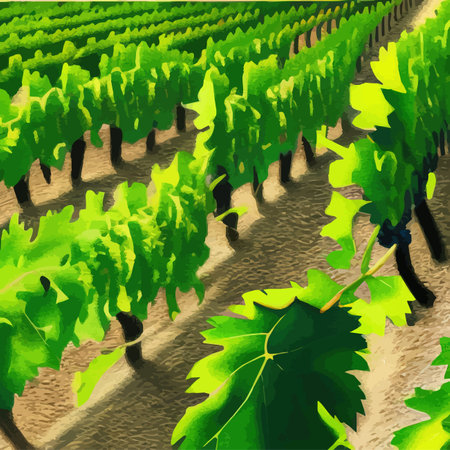 Rural landscape vineyards. Green vines on hills with trees and mountains in the background. Landscape with grape rows. Summer season. Vector illustration.のイラスト素材