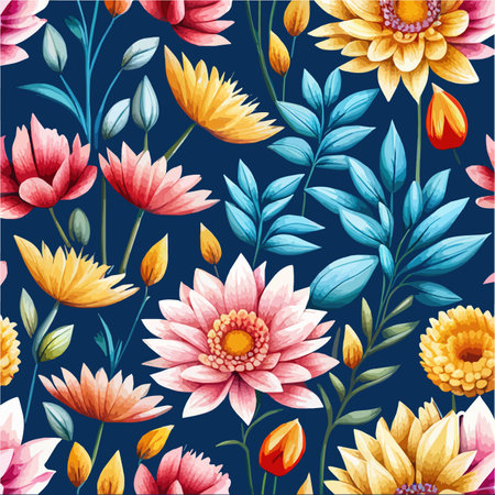 Vector pattern bright floral ornament on dark background. Patern for printing on clothing, fabric, wrapping paper, flower and leaves background, wallpaper, vector illustrationのイラスト素材