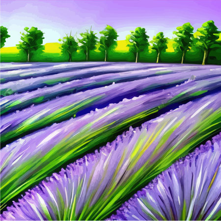 Lavender purple fields, green meadows and mountains. Farm panoramic view landscapes. Beautiful rural summer landscape with wild flowers. Ecological area with blue sky and clouds vector illustrationの素材 [FY310201877662]