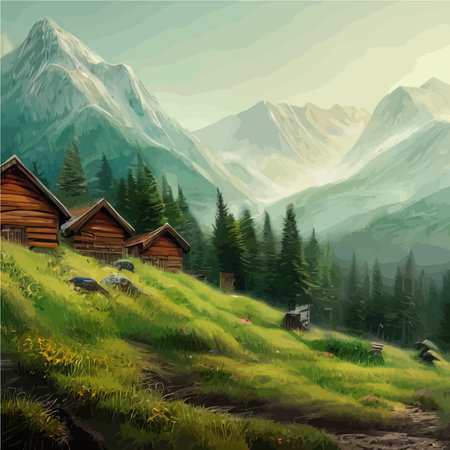 House forester far from civilization. Cartoon terrain in forest with trees, mountains, green grass in meadow. Beautiful vector illustration, summer landscape. Optimal size landscape as background.のイラスト素材