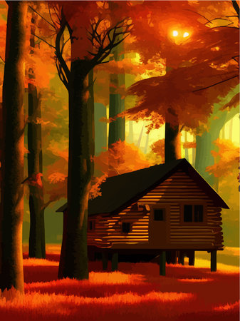 Fairytale house made logs with red roof, old wooden door, window. Vector illustration in cartoon style, in autumn forest with orange bright foliageのイラスト素材